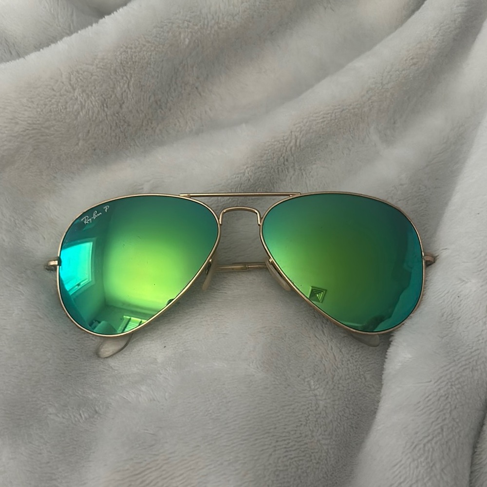 Polarised Ray-Ban Gold Frame Sunglasses with Green/Blue Lenses